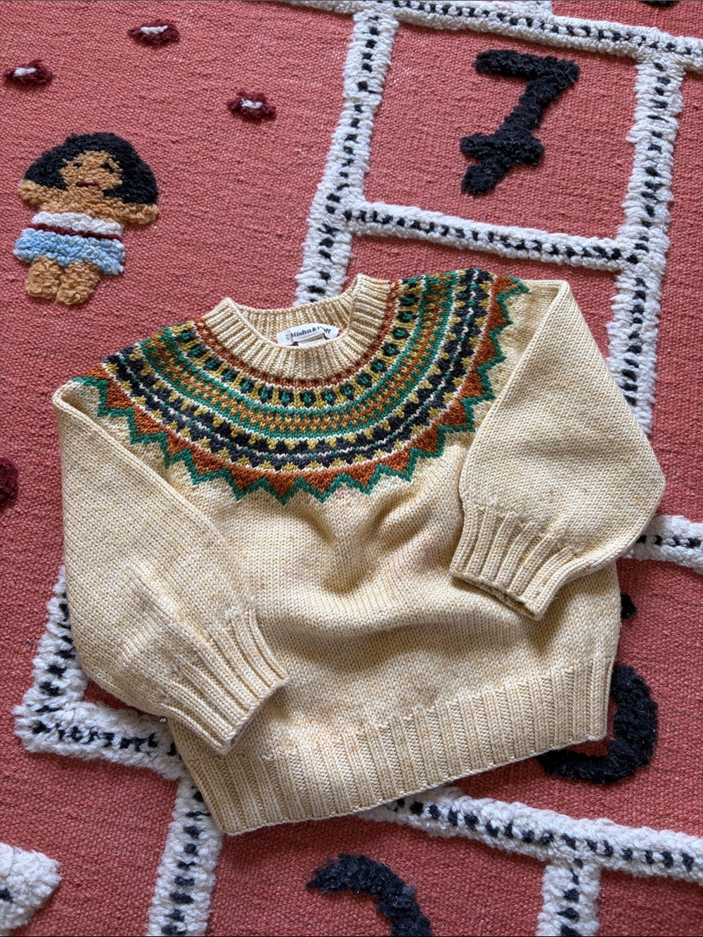 Misha & Puff Fair Isle Sweater with Green & Brown Accents - 3yr 100% Merino Wool